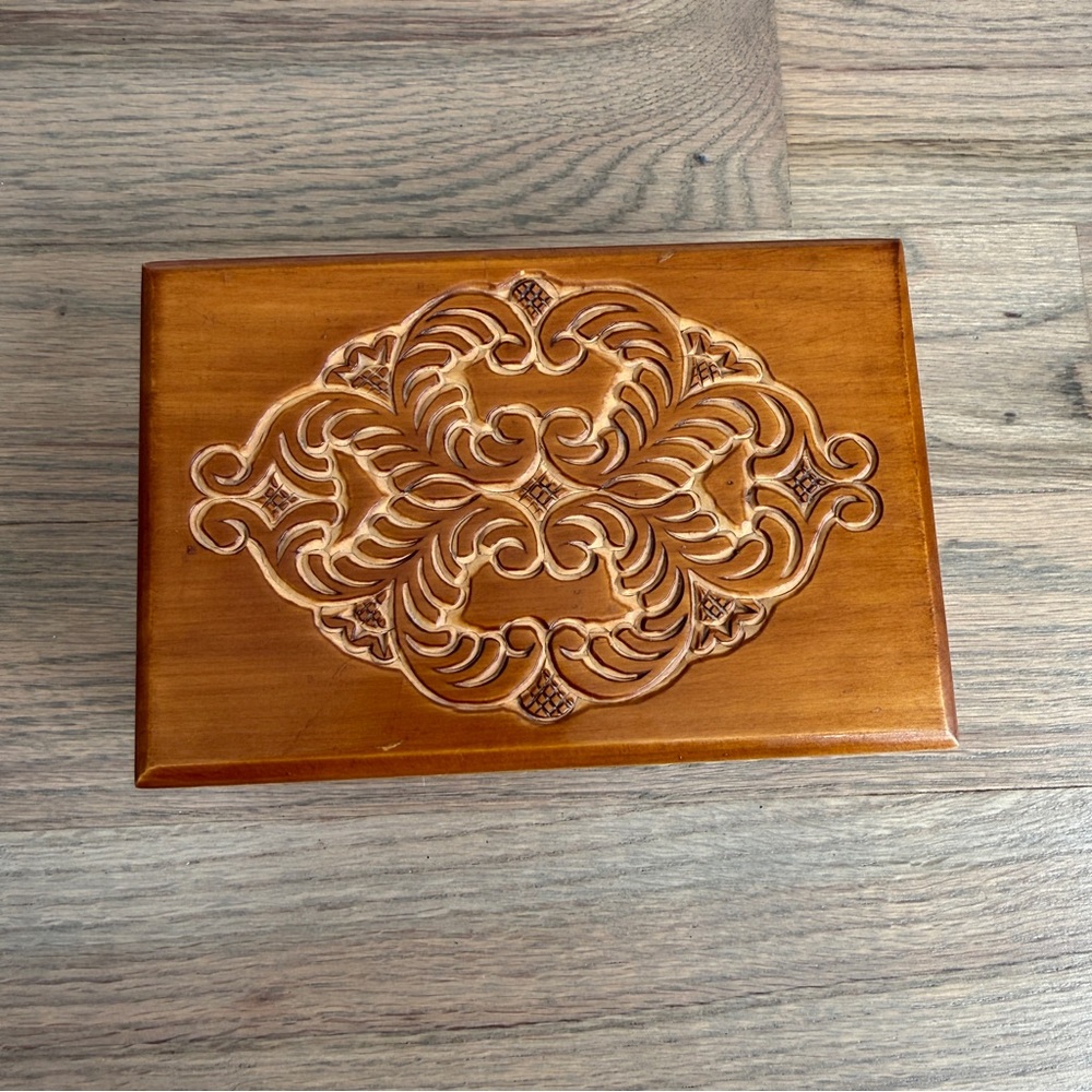 Vintage Wood Ornate Hand Carved Wooden USSR Russian Trinket Box Label On Bottom